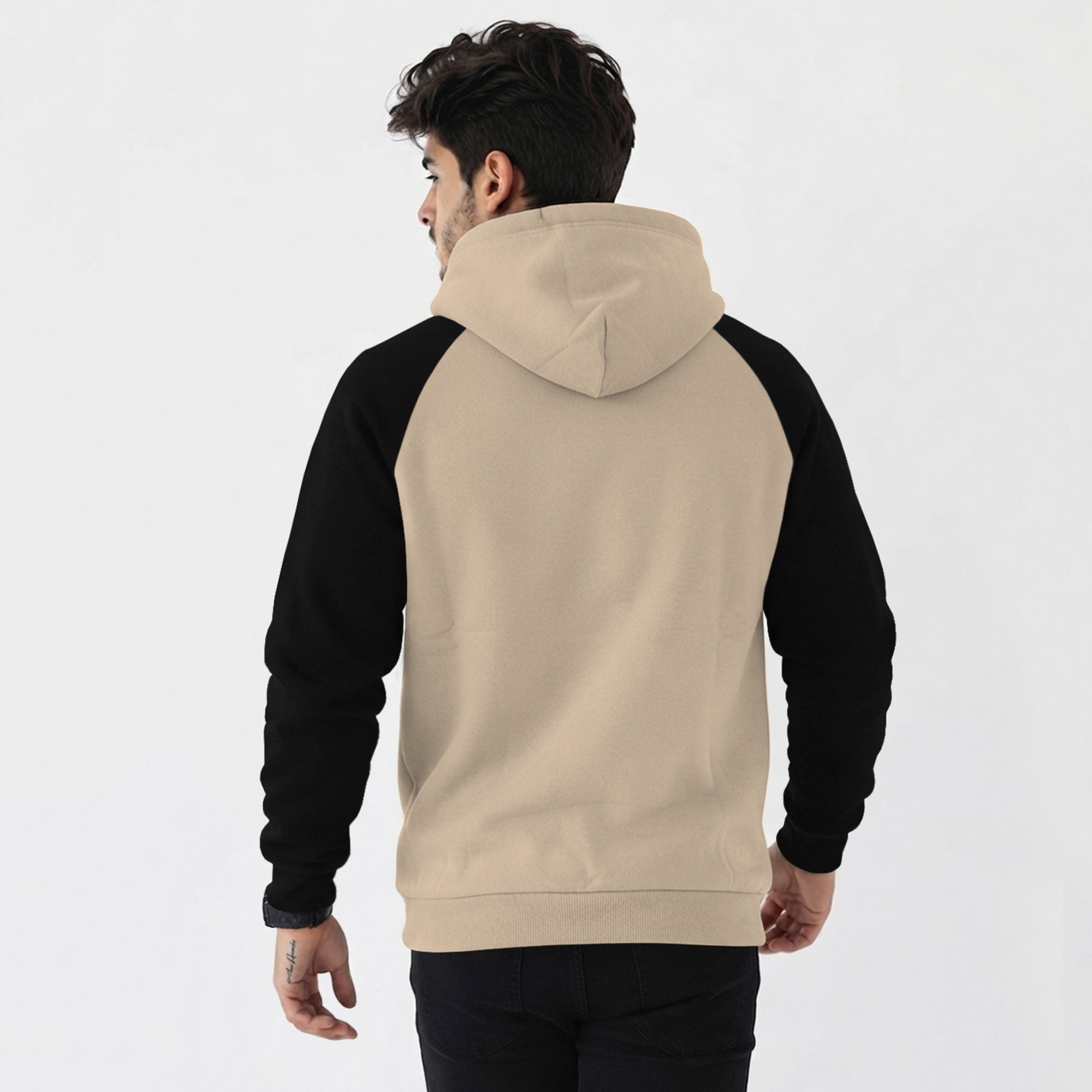 Mens Contrast Panel Kangaroo Pocket Hooded Sweatshirt Beige