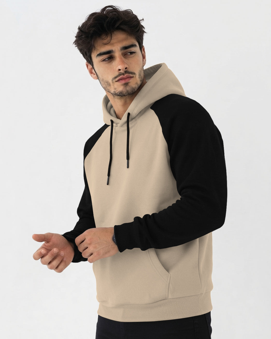 Mens Contrast Panel Kangaroo Pocket Hooded Sweatshirt Beige