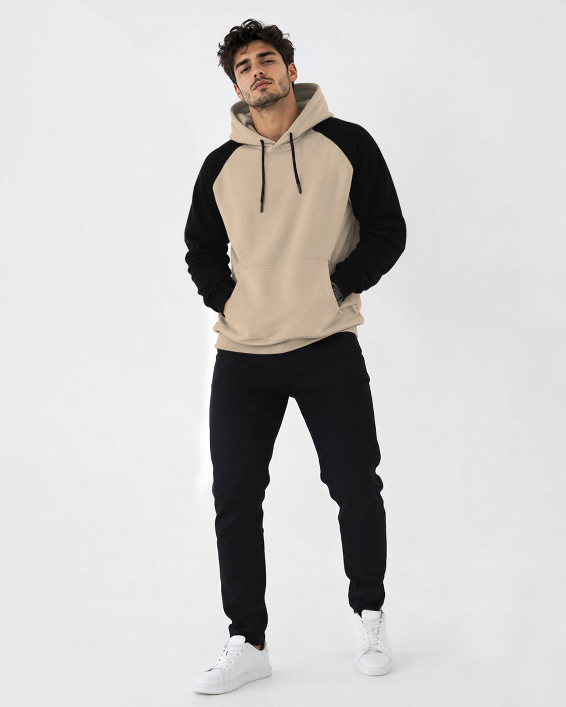 Mens Contrast Panel Kangaroo Pocket Hooded Sweatshirt Beige