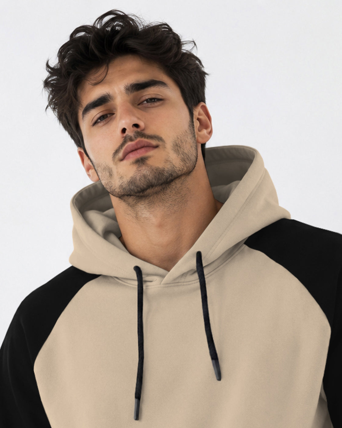 Mens Contrast Panel Kangaroo Pocket Hooded Sweatshirt Beige