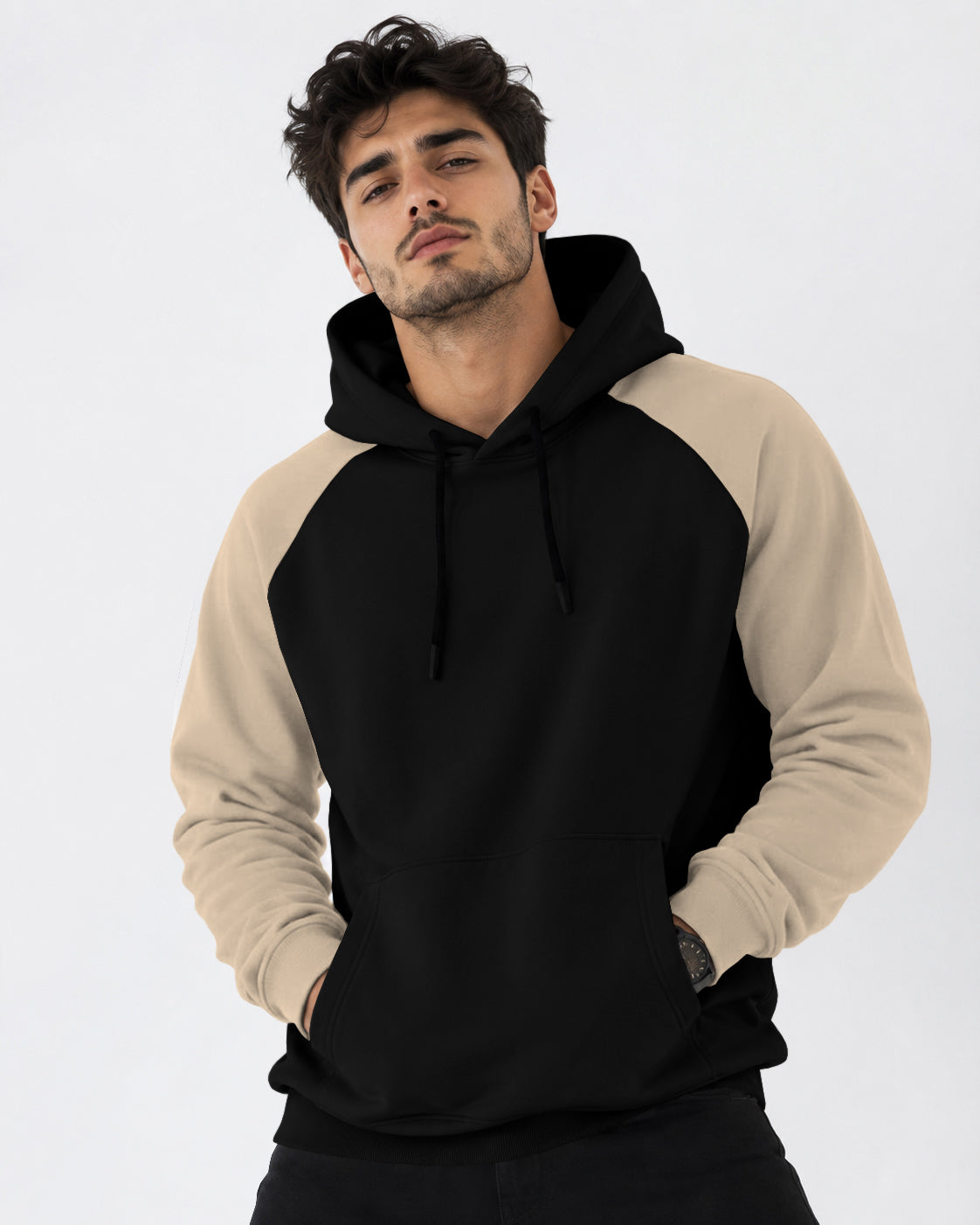 Mens Contrast Panel Kangaroo Pocket Hooded Sweatshirt Black