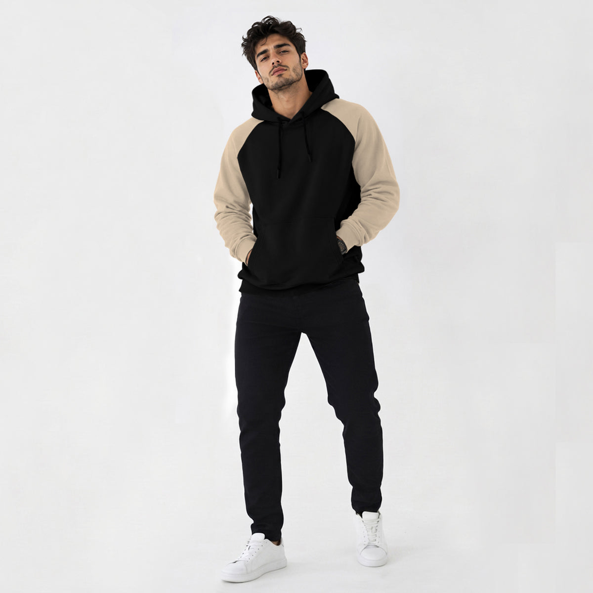 Mens Contrast Panel Kangaroo Pocket Hooded Sweatshirt Black