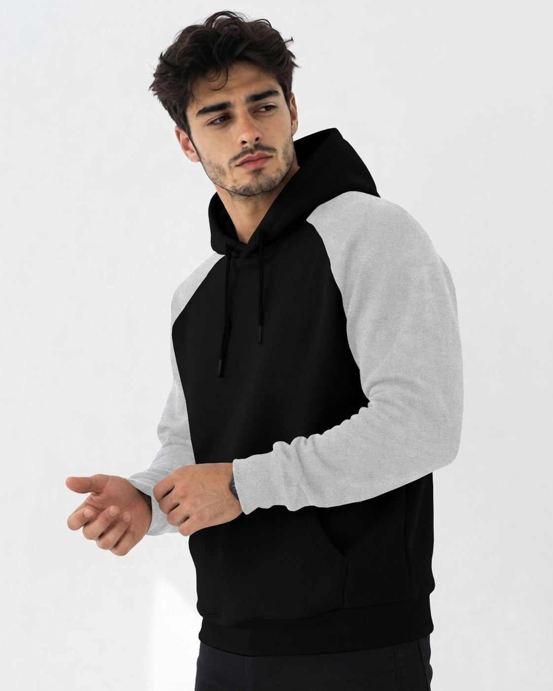 Mens Contrast Panel Kangaroo Pocket Hooded Sweatshirt Black|Grey
