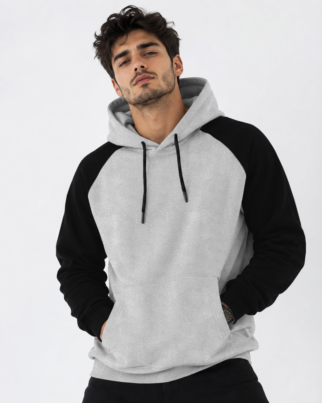 Mens Contrast Panel Kangaroo Pocket Hooded Sweatshirt Grey