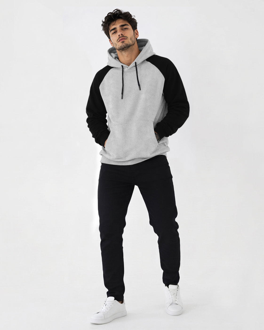 Mens Contrast Panel Kangaroo Pocket Hooded Sweatshirt Grey
