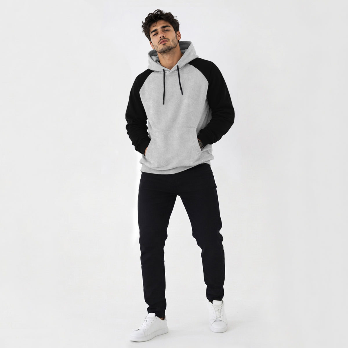 Mens Contrast Panel Kangaroo Pocket Hooded Sweatshirt Grey