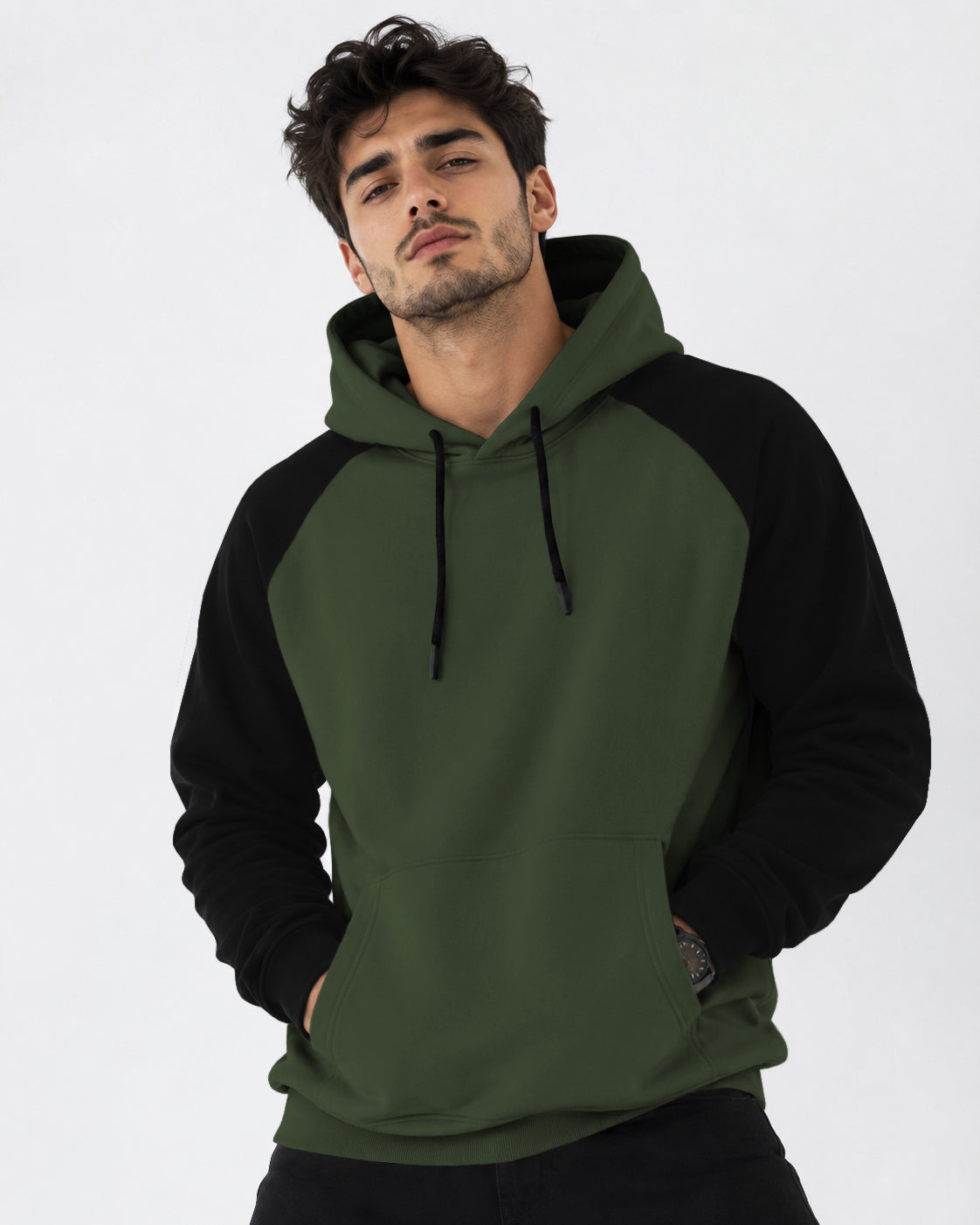 Mens Contrast Panel Kangaroo Pocket Hooded Sweatshirt Olive Green