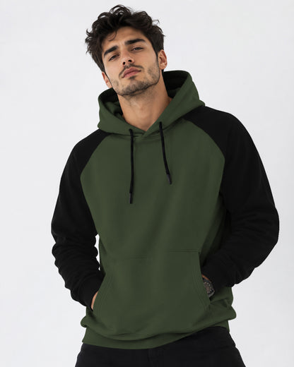Mens Contrast Panel Kangaroo Pocket Hooded Sweatshirt Olive Green