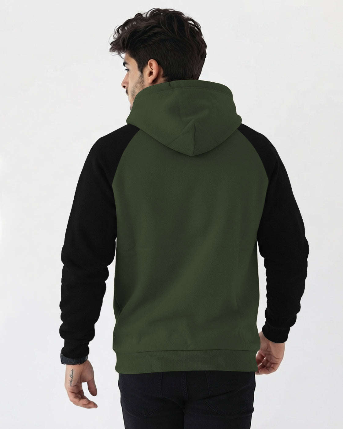 Mens Contrast Panel Kangaroo Pocket Hooded Sweatshirt Olive Green