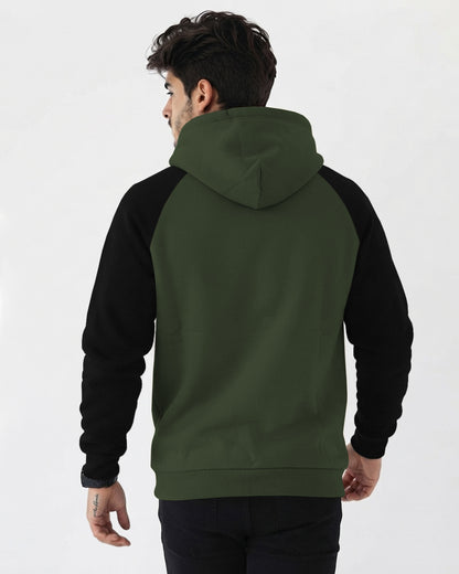 Mens Contrast Panel Kangaroo Pocket Hooded Sweatshirt Olive Green