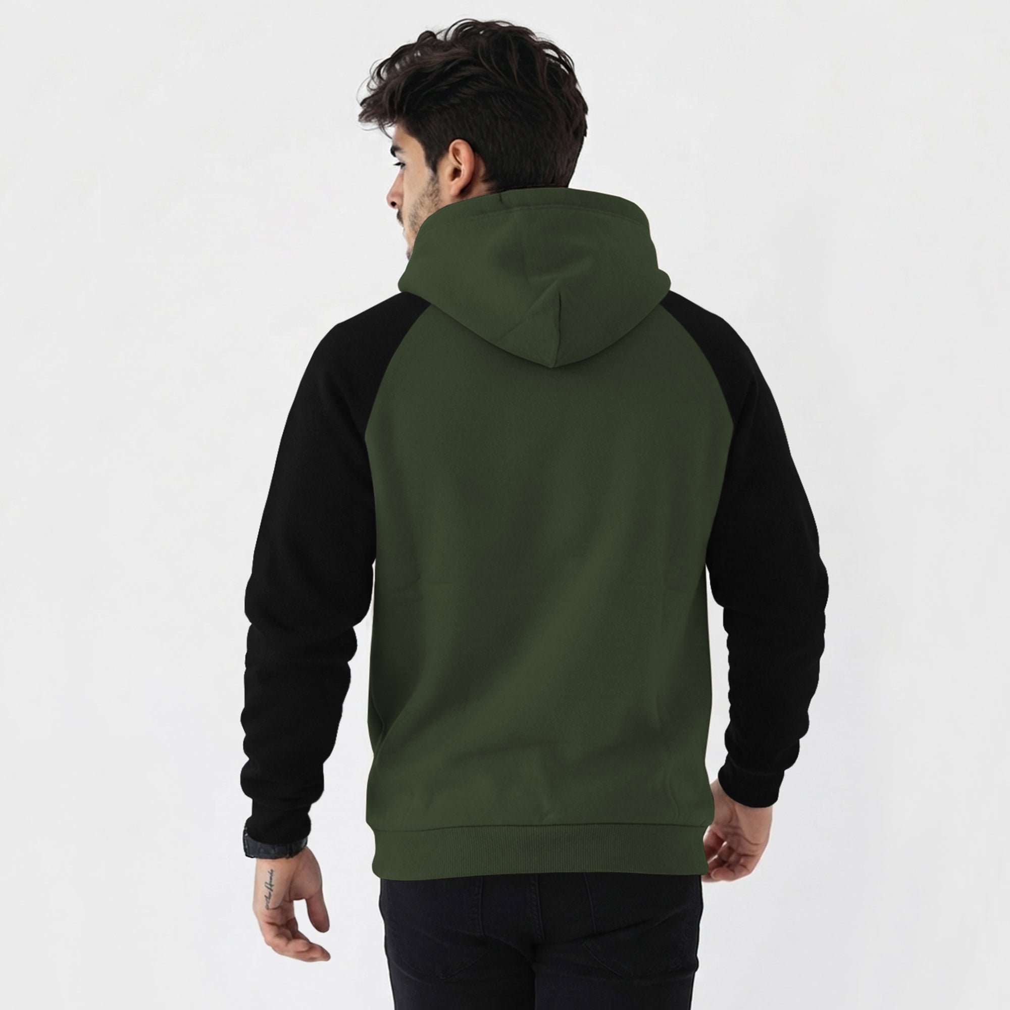 Mens Contrast Panel Kangaroo Pocket Hooded Sweatshirt Olive Green
