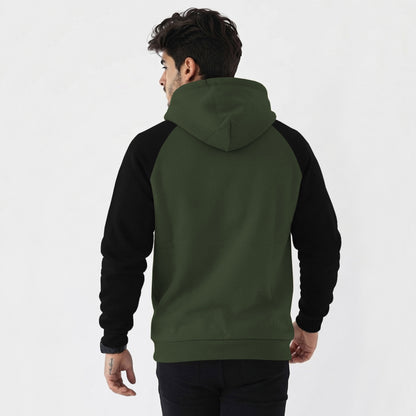 Mens Contrast Panel Kangaroo Pocket Hooded Sweatshirt Olive Green