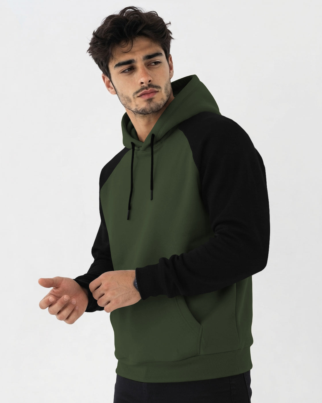 Mens Contrast Panel Kangaroo Pocket Hooded Sweatshirt Olive Green