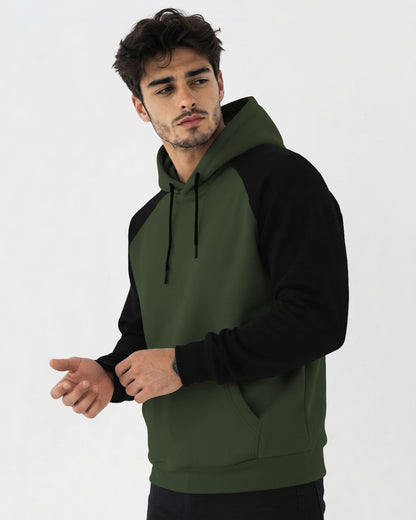 Mens Contrast Panel Kangaroo Pocket Hooded Sweatshirt Olive Green