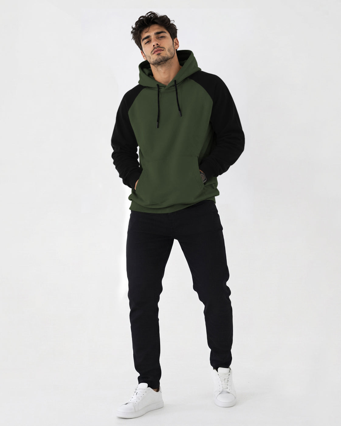 Mens Contrast Panel Kangaroo Pocket Hooded Sweatshirt Olive Green