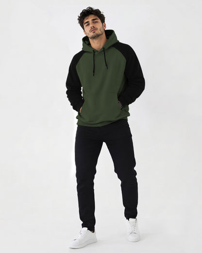 Mens Contrast Panel Kangaroo Pocket Hooded Sweatshirt Olive Green