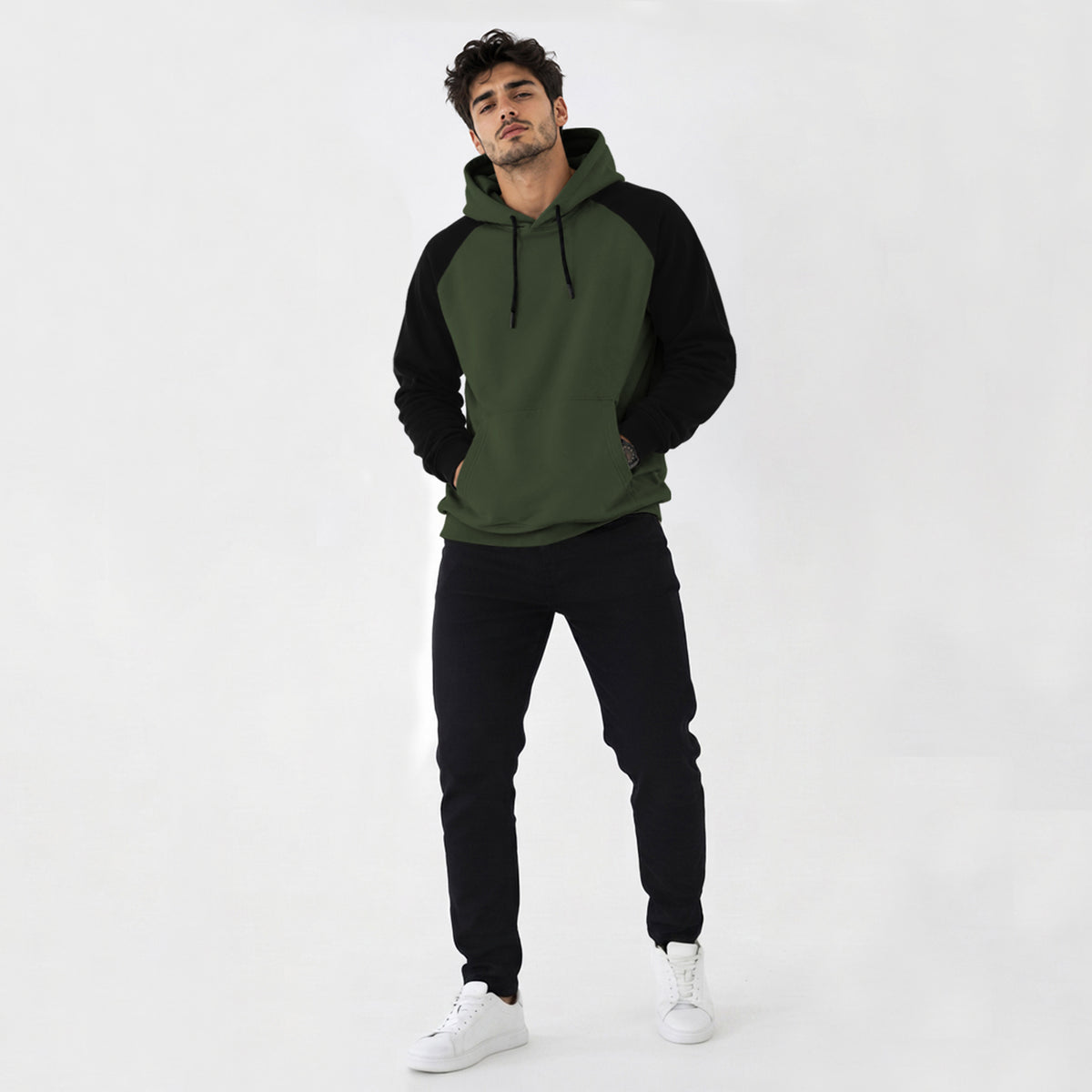 Mens Contrast Panel Kangaroo Pocket Hooded Sweatshirt Olive Green