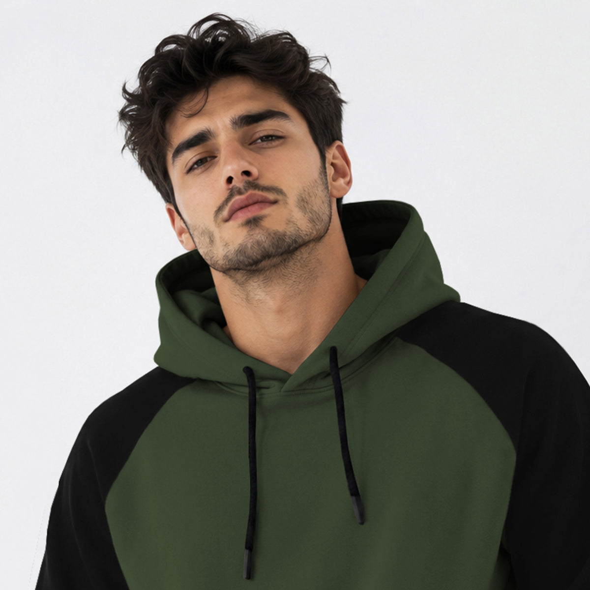 Mens Contrast Panel Kangaroo Pocket Hooded Sweatshirt Olive Green