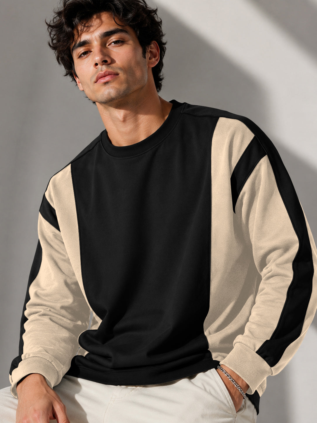 Full Sleeve Crew Neck Dual Color Winter Sweatshirt Beige