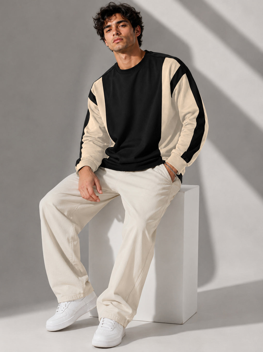 Full Sleeve Crew Neck Dual Color Winter Sweatshirt Beige