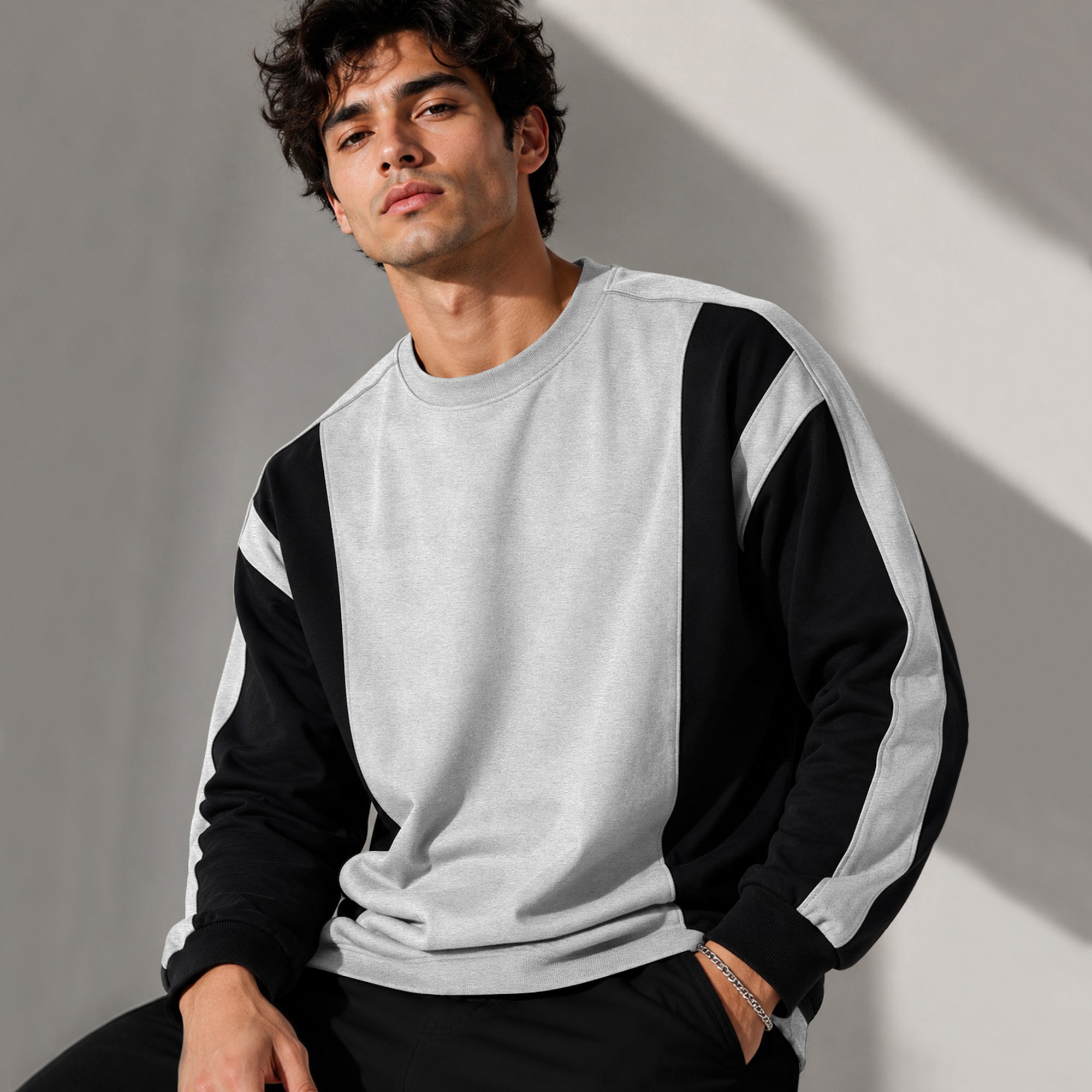Full Sleeve Crew Neck Dual Color Winter Sweatshirt Black|Grey