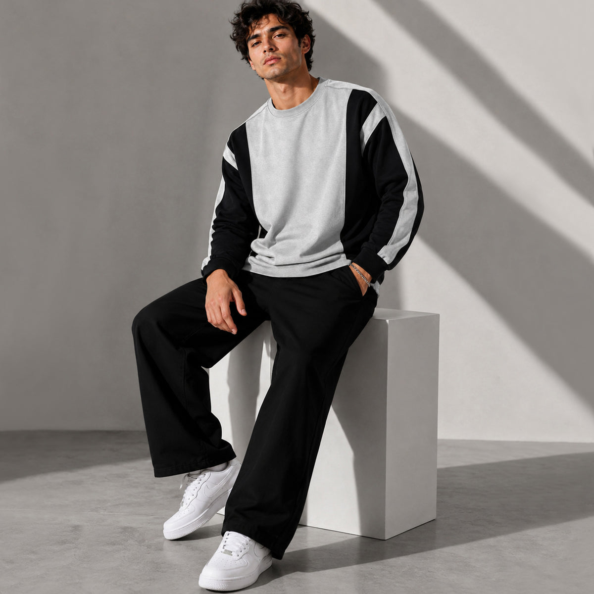Full Sleeve Crew Neck Dual Color Winter Sweatshirt Black|Grey