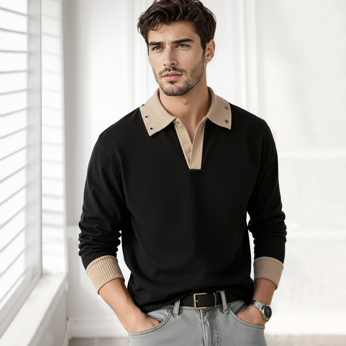 Mens Coloblocked Full Sleeve Polo Sweatshirt Black|Beige
