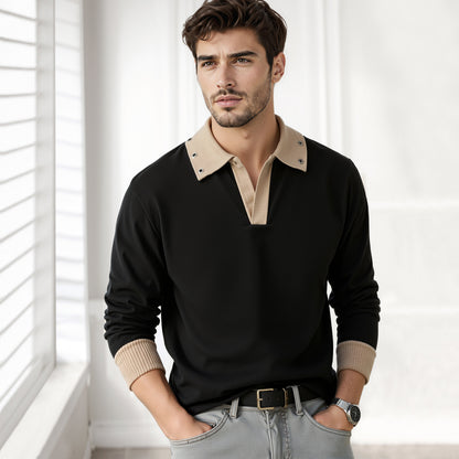 Mens Coloblocked Full Sleeve Polo Sweatshirt Black|Beige