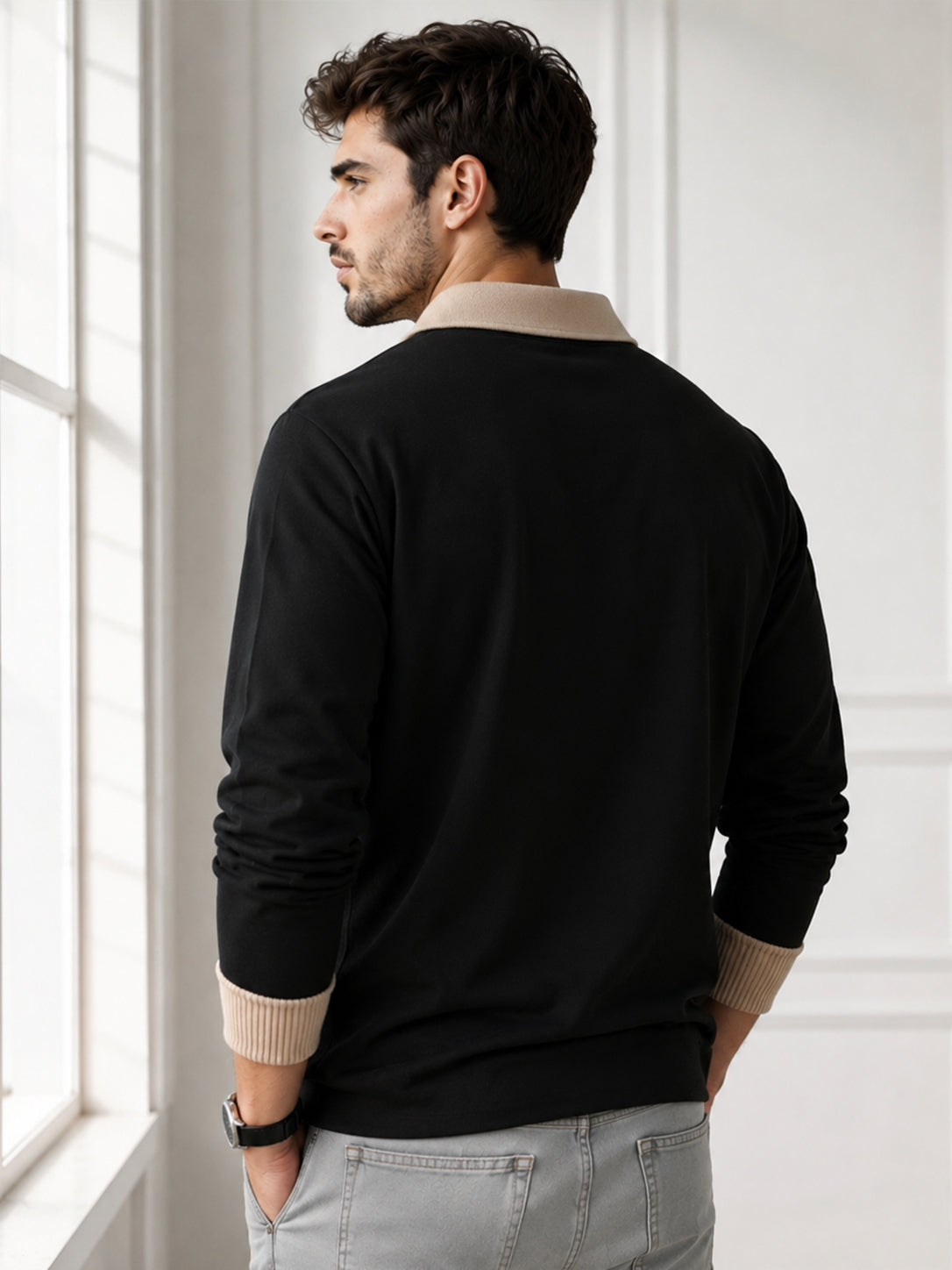 Mens Coloblocked Full Sleeve Polo Sweatshirt Black|Beige