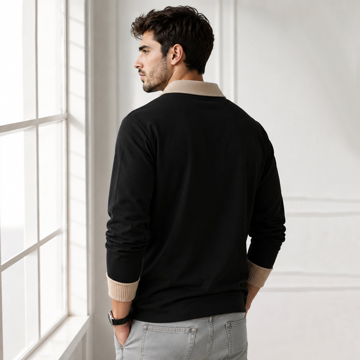 Mens Coloblocked Full Sleeve Polo Sweatshirt Black|Beige