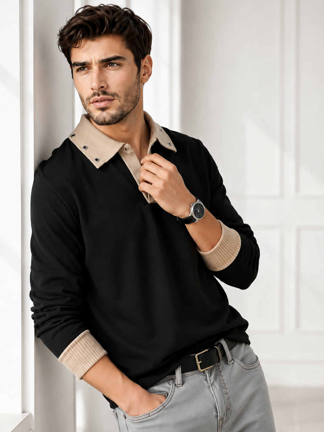 Mens Coloblocked Full Sleeve Polo Sweatshirt Black|Beige