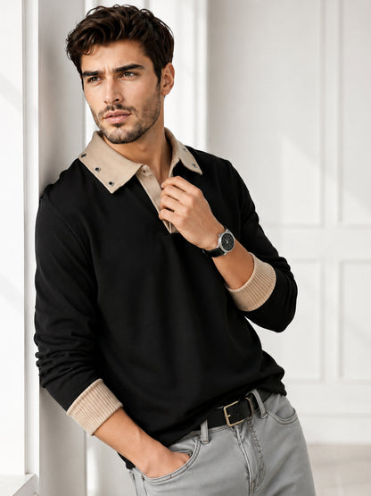 Mens Coloblocked Full Sleeve Polo Sweatshirt Black|Beige