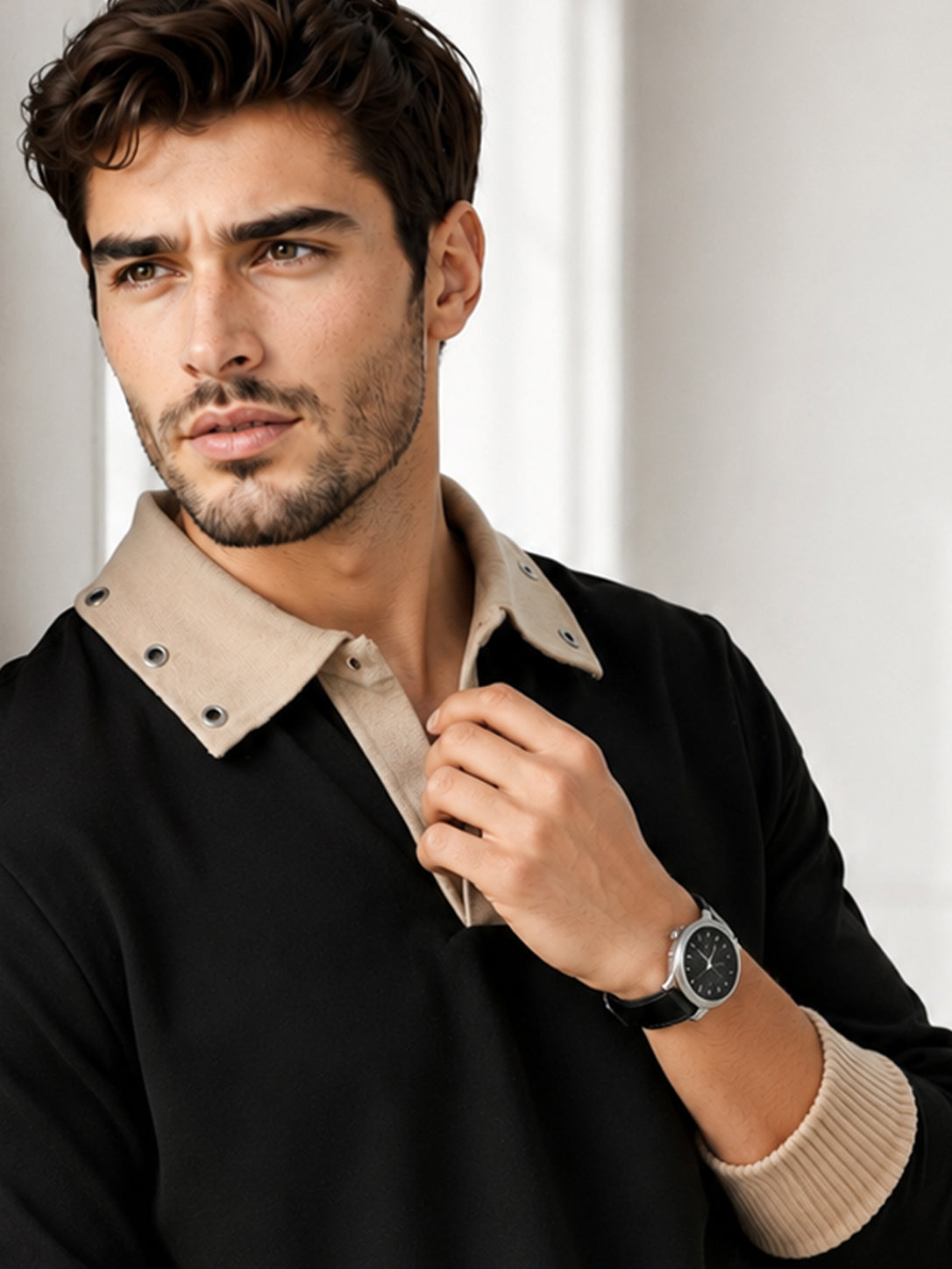 Mens Coloblocked Full Sleeve Polo Sweatshirt Black|Beige