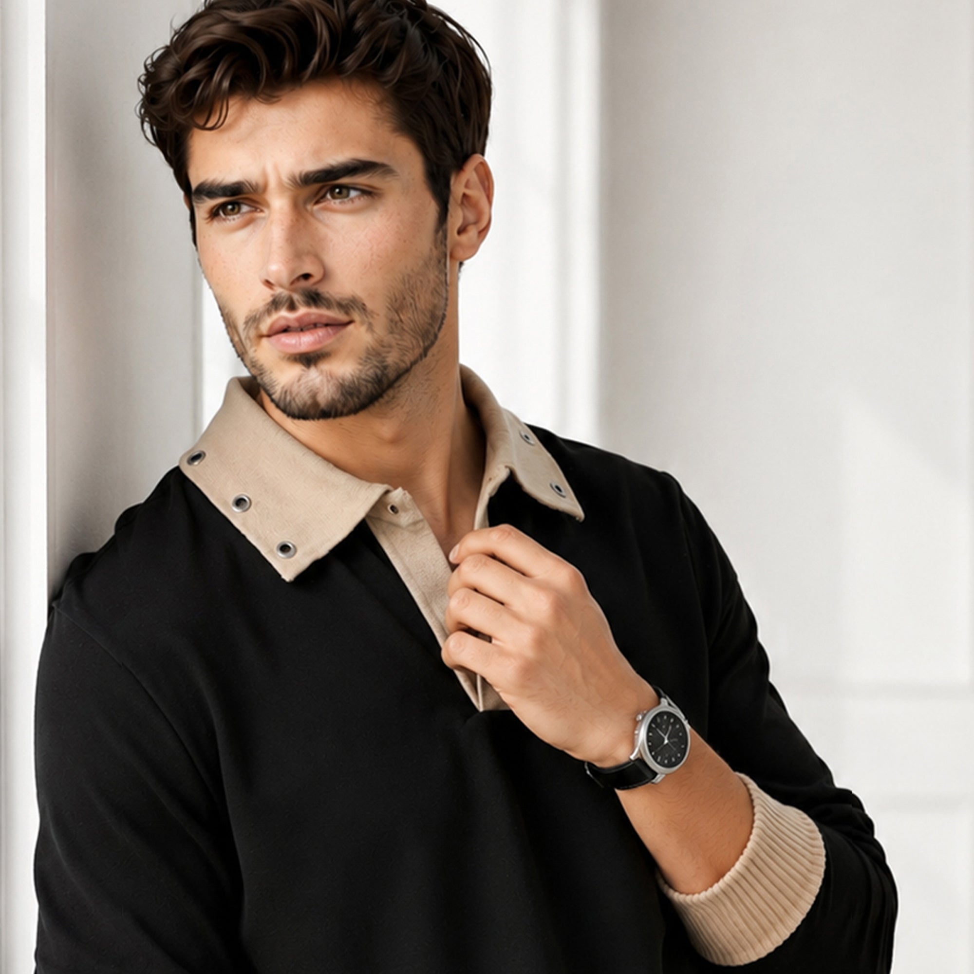 Mens Coloblocked Full Sleeve Polo Sweatshirt Black|Beige
