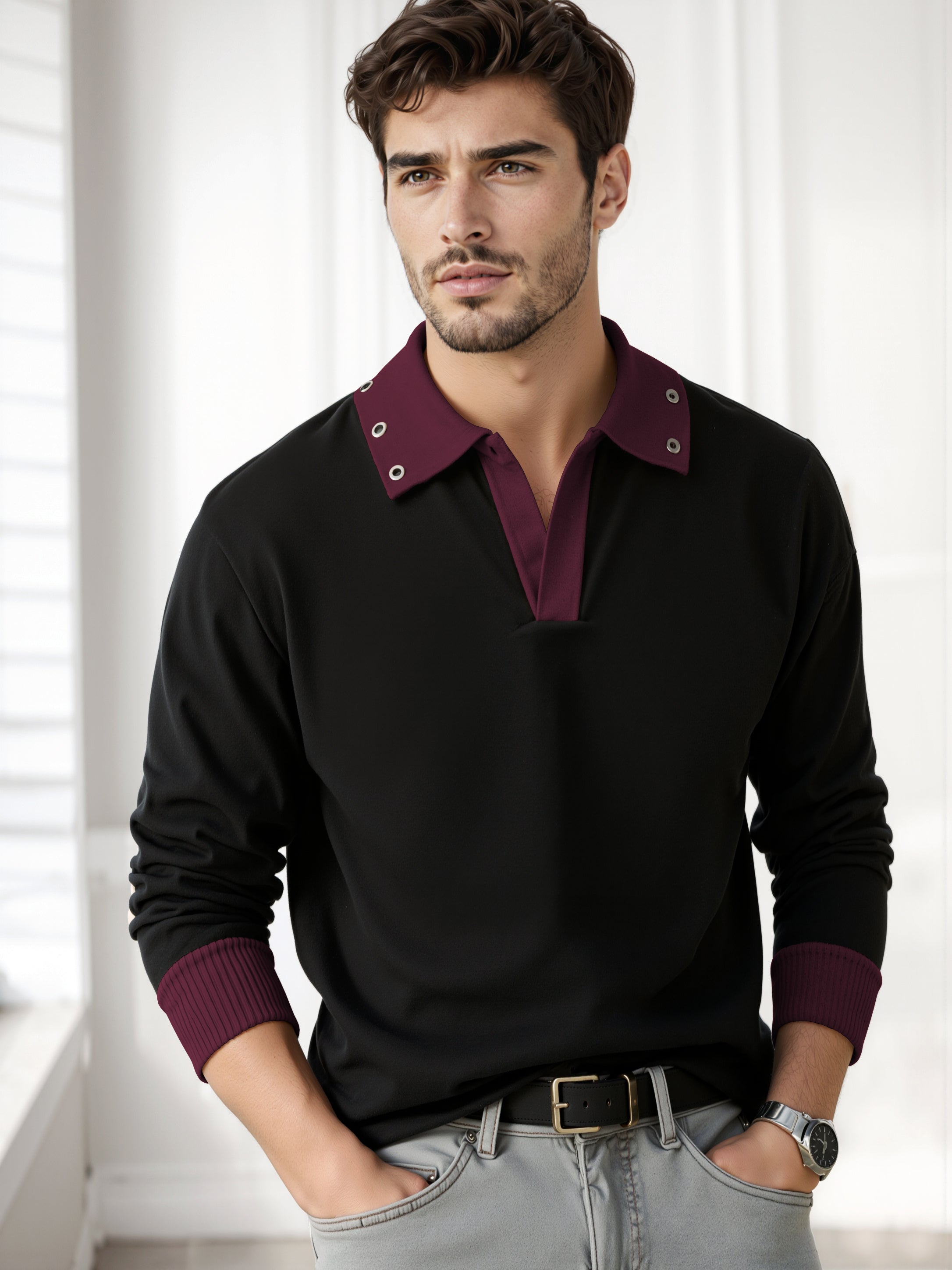 Mens Coloblocked Full Sleeve Polo Sweatshirt Black
