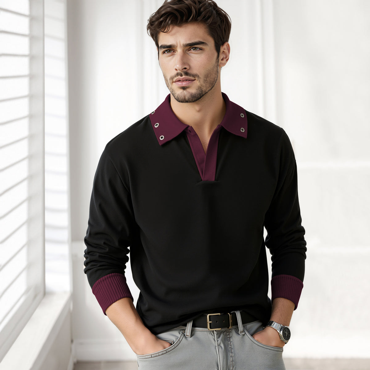 Mens Coloblocked Full Sleeve Polo Sweatshirt Black