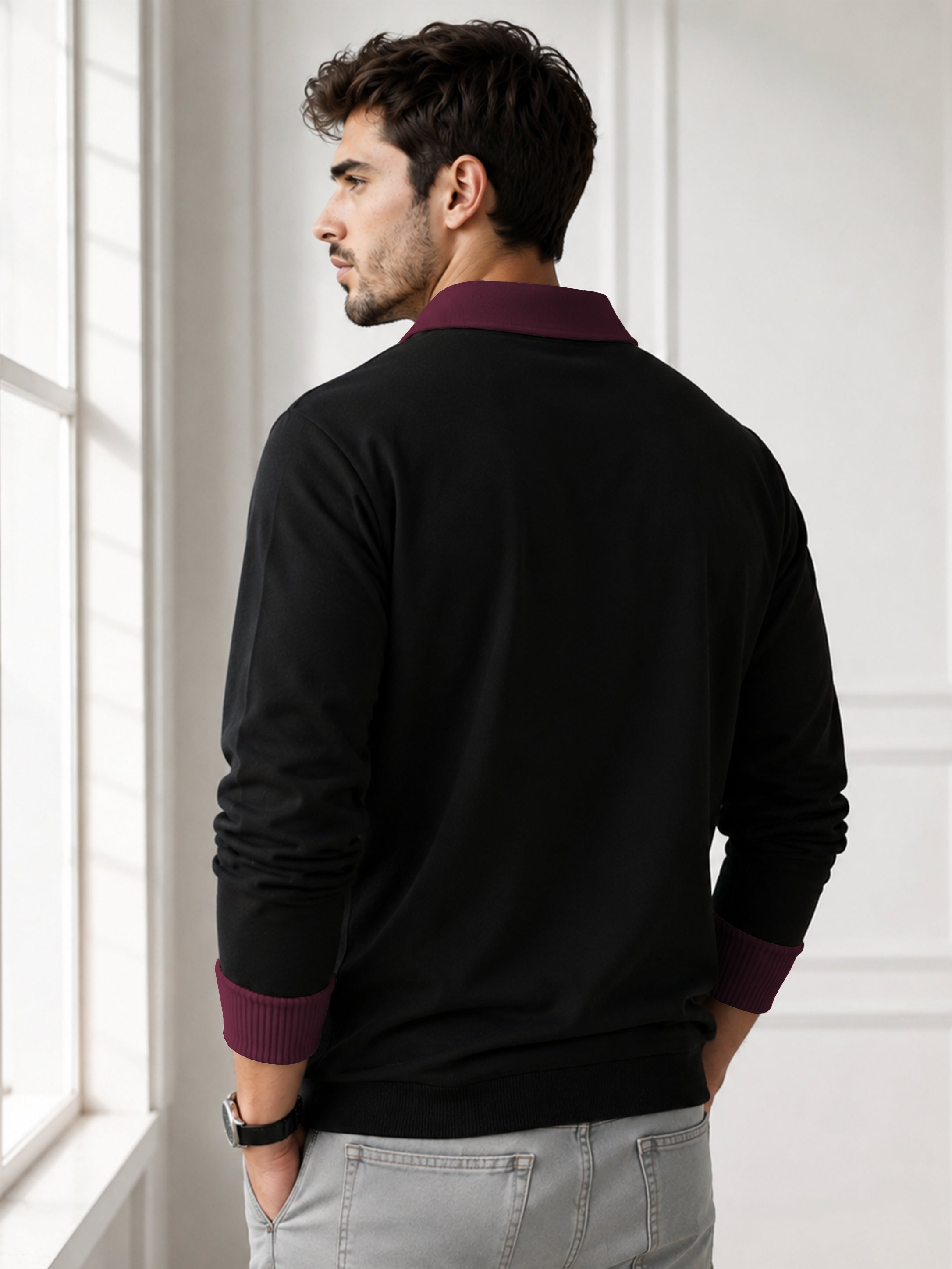 Mens Coloblocked Full Sleeve Polo Sweatshirt Black