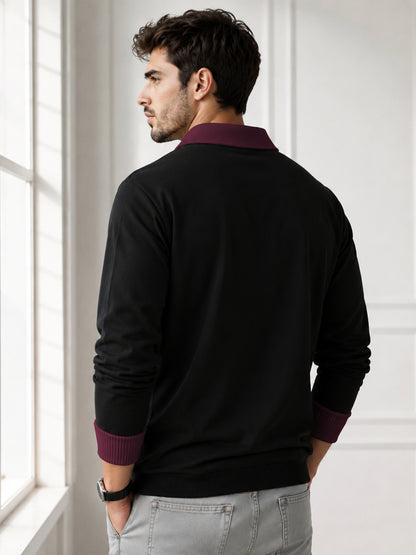 Mens Coloblocked Full Sleeve Polo Sweatshirt Black