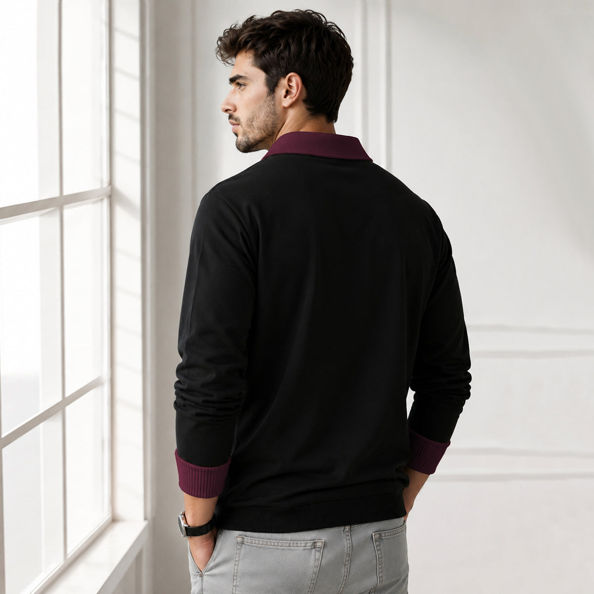 Mens Coloblocked Full Sleeve Polo Sweatshirt Black