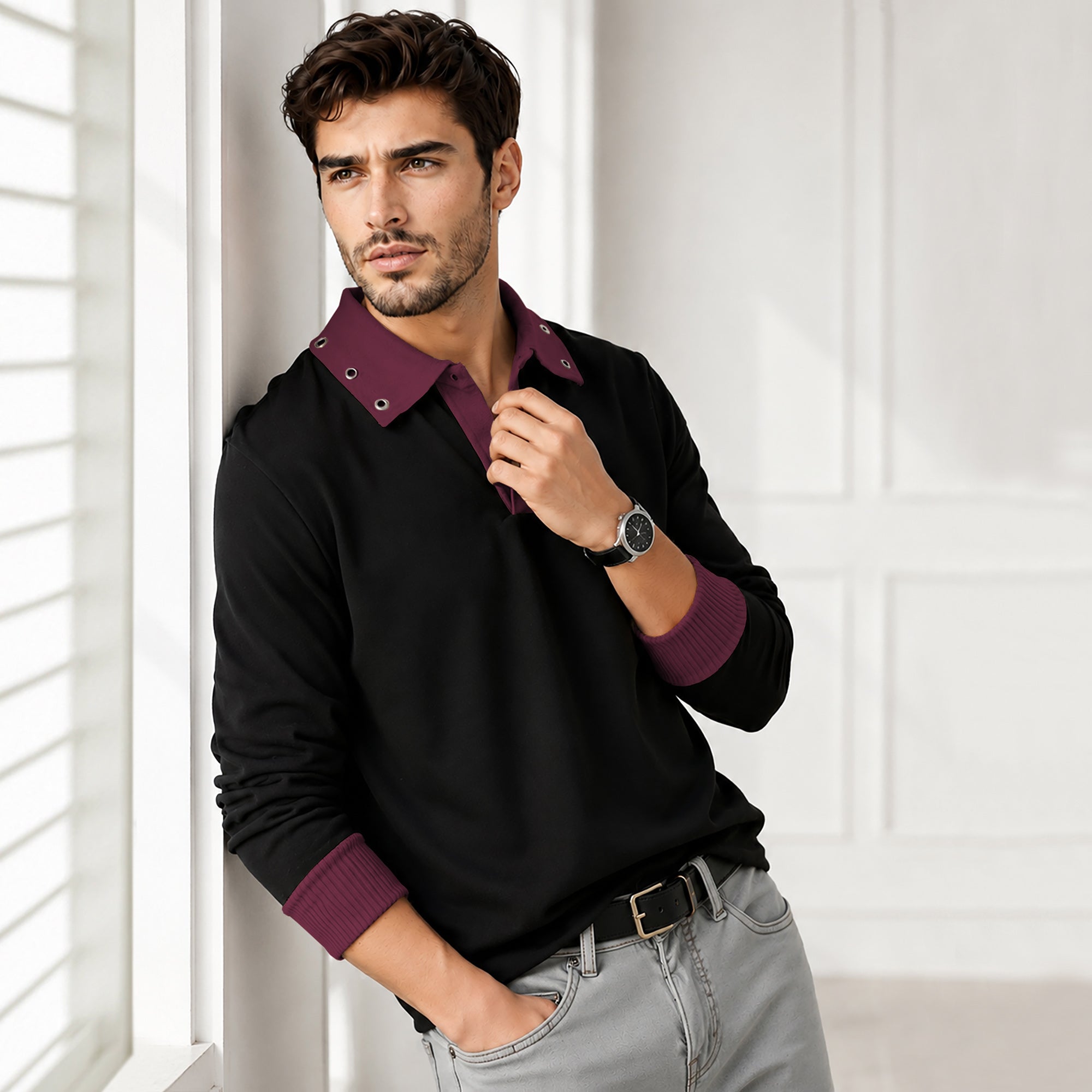 Mens Coloblocked Full Sleeve Polo Sweatshirt Black