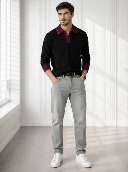 Mens Coloblocked Full Sleeve Polo Sweatshirt Black