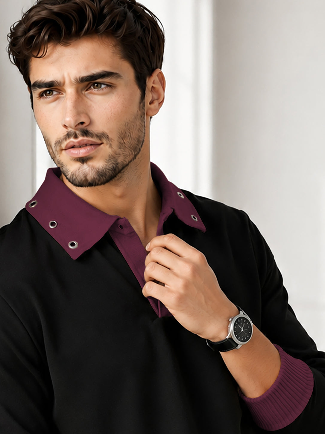 Mens Coloblocked Full Sleeve Polo Sweatshirt Black