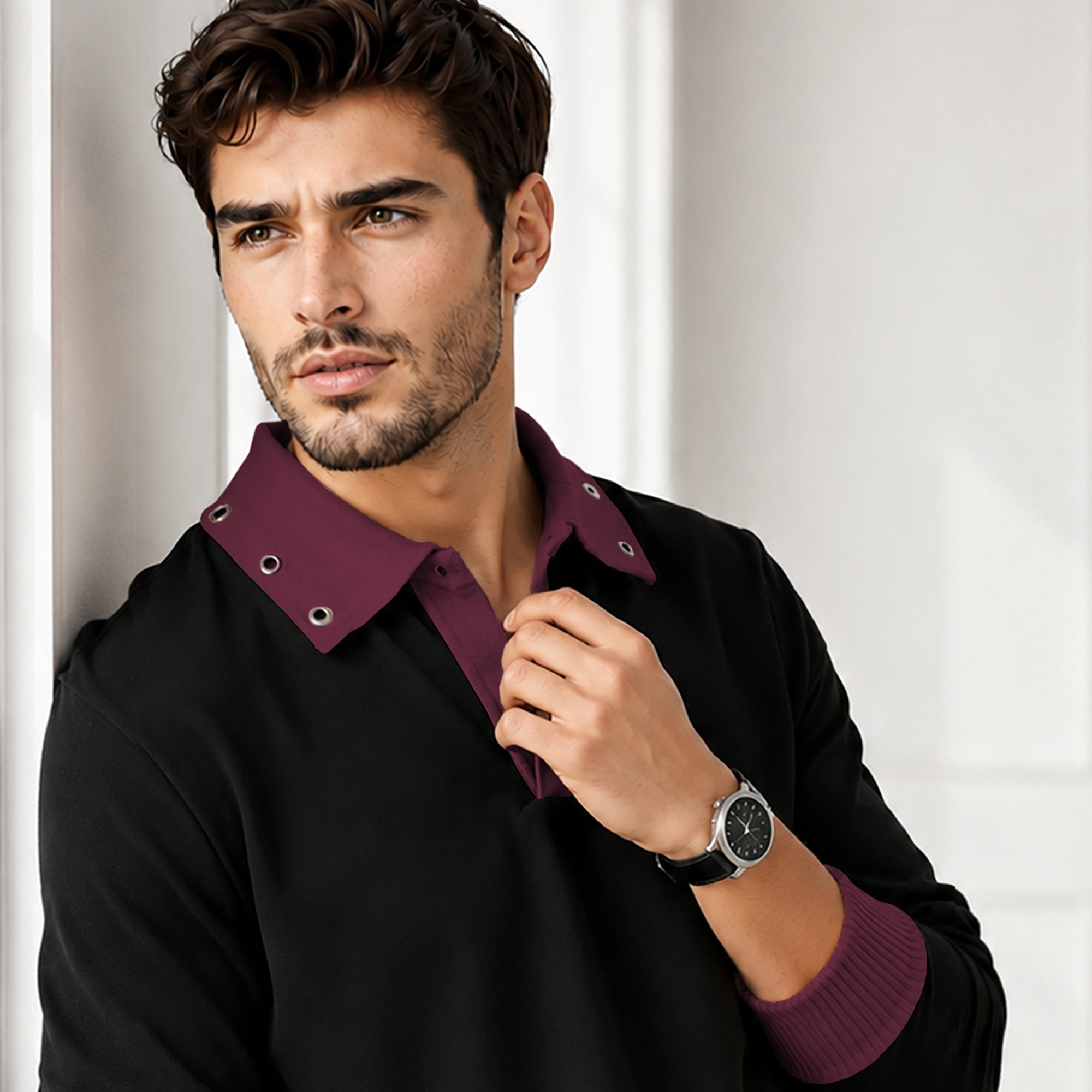 Mens Coloblocked Full Sleeve Polo Sweatshirt Black