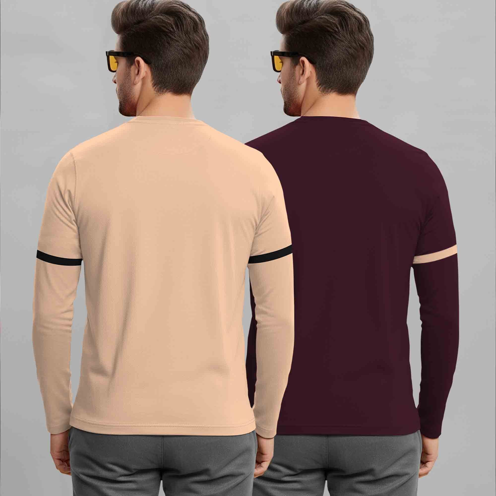 (Pack Of 2) Full Sleeve Round Neck Printed T-shirts Beige & Maroon