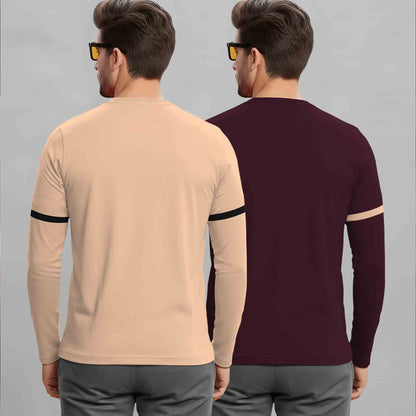 (Pack Of 2) Full Sleeve Round Neck Printed T-shirts Beige & Maroon