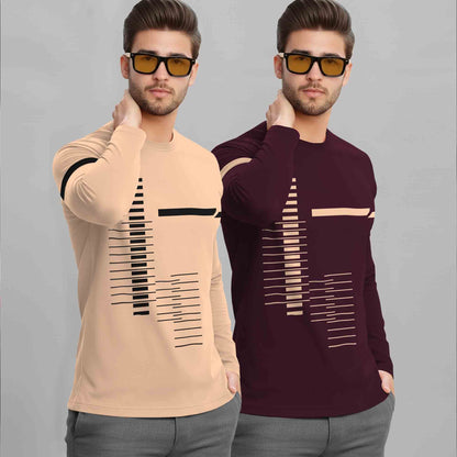 (Pack Of 2) Full Sleeve Round Neck Printed T-shirts Beige & Maroon