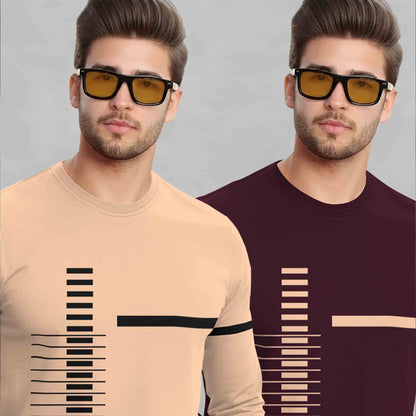 (Pack Of 2) Full Sleeve Round Neck Printed T-shirts Beige & Maroon