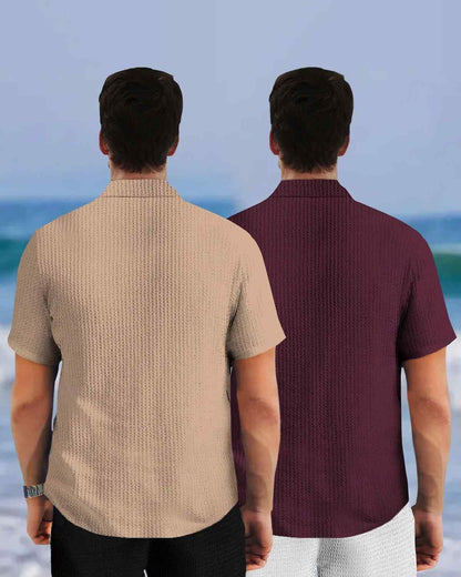 (Pack Of 2) Half Sleeve Plain Beige & Maroon Waffle Shirts