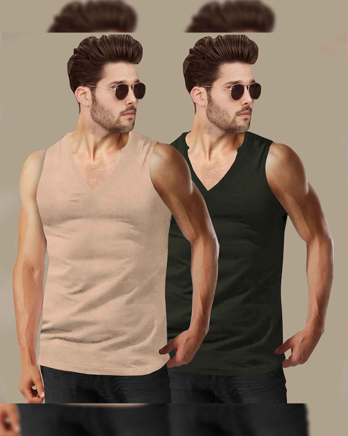 (Pack Of 2) Mens Beige & Olivegreen Plain V-Neck Vests