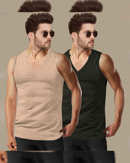 (Pack Of 2) Mens Beige & Olivegreen Plain V-Neck Vests
